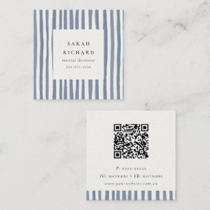 Boho-Dusty-Blue-Handgemalte-Streifen QR-Code Quadratische Visitenkarte