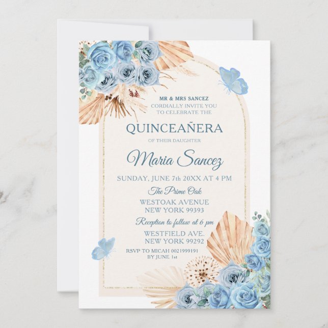 Boho Dusty Blue Mexican Girl Quinceañera Einladung (Vorderseite)