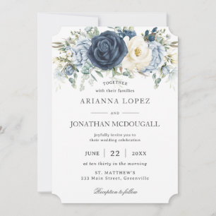 Boho Dusty Blue Navy Elfenbeinblütenhochzeit Einladung
