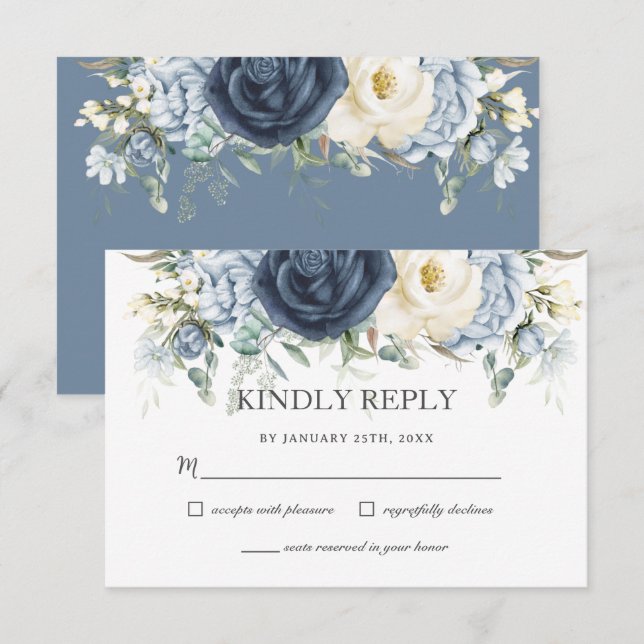 Boho Dusty Blue Navy Elfenbeinblütenhochzeit RSVP Karte (Vorne/Hinten)