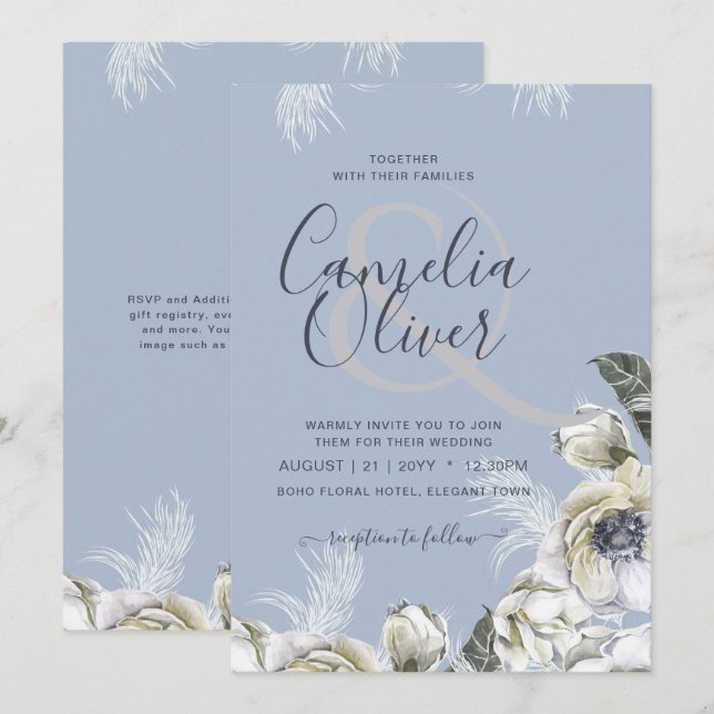 BOHO Dusty Blue Pampas Floral Wedding Einladung (Vorne/Hinten)