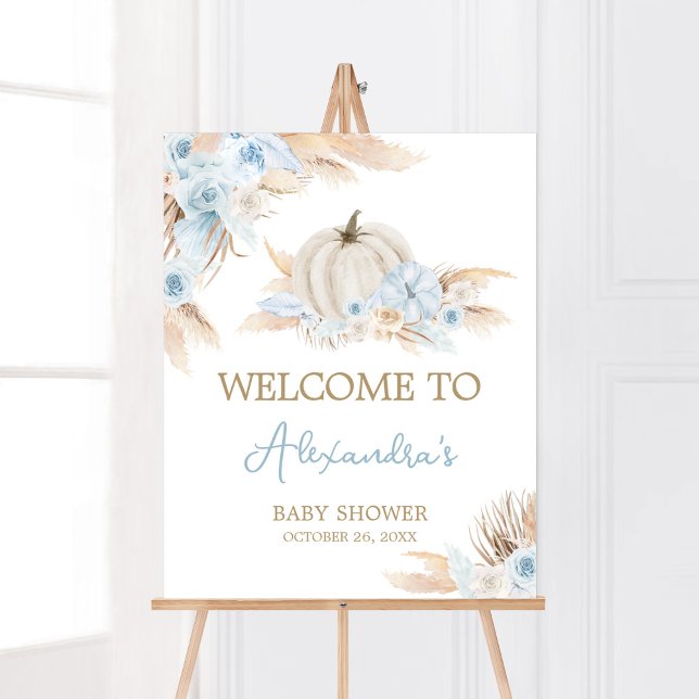 Boho Dusty Blue Pumpkin Baby Dusche Willkommen Poster (Boy Little Pumpkin Baby Shower Welcome Sign )