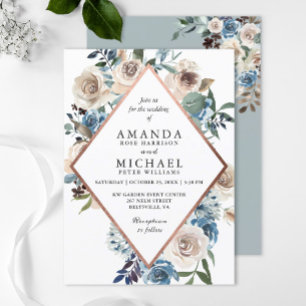Boho Dusty Blue Rustic Rose Gold Wedding Einladung