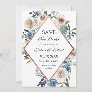 Boho Dusty Blue Rustic Rose Gold Wedding Save The Date