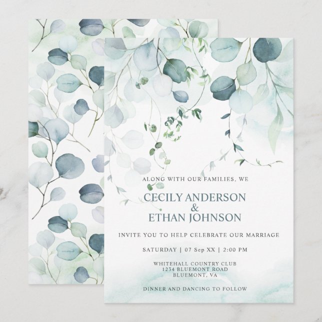 Boho Dusty Blue & Sage Green Eucalyptus Wedding Einladung (Vorne/Hinten)
