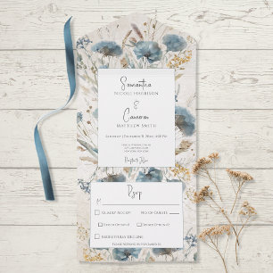 Boho Dusty Blue & Tan Floral Monogram Dinner All In One Einladung
