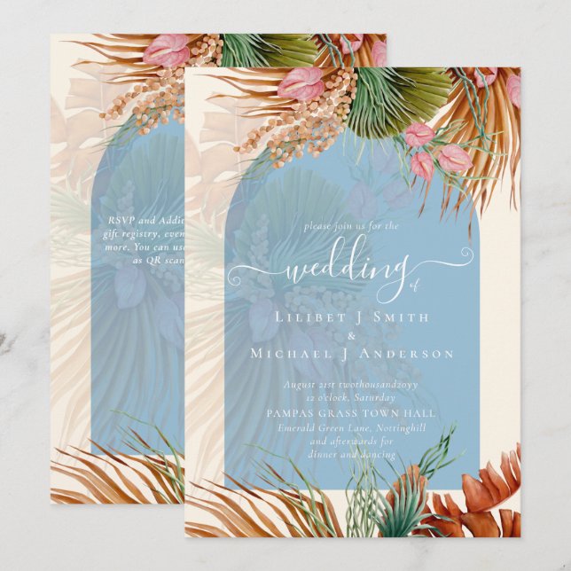 BOHO Dusty Blue Tropical Pampas Grass Wedding Einladung (Vorne/Hinten)
