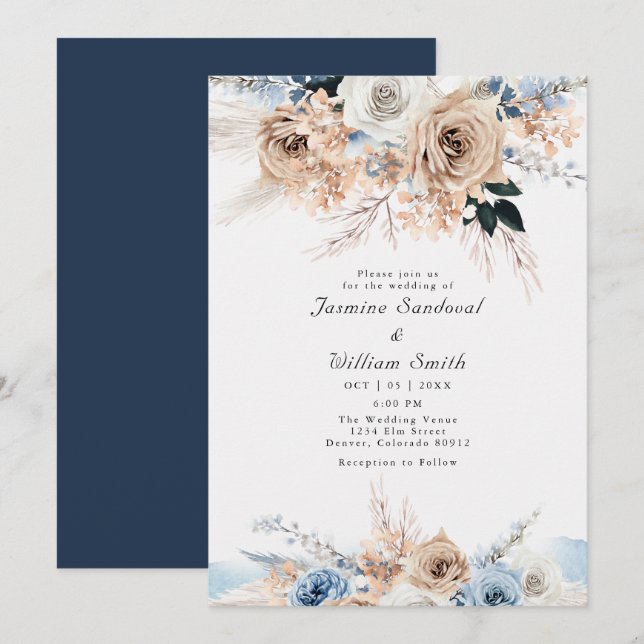 Boho Dusty Blue und Beige Floral Wedding Einladung (Vorne/Hinten)