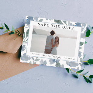 Boho Dusty Blue Wasserfarben Blumen Save the Date Postkarte