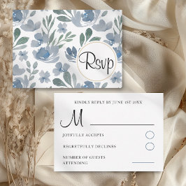 Boho Dusty Blue Watercolor Floral Wedding RSVP Karte