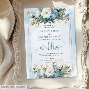 Boho Dusty Blue White Gold Blume Einladungen Hochz