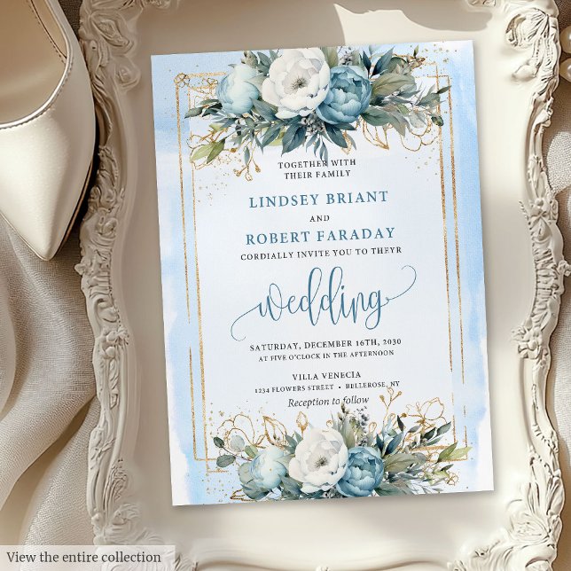 Boho Dusty Blue White Gold Blume Einladungen Hochz (Boho Dusty Blue White Gold Flowers Wedding Invitation)