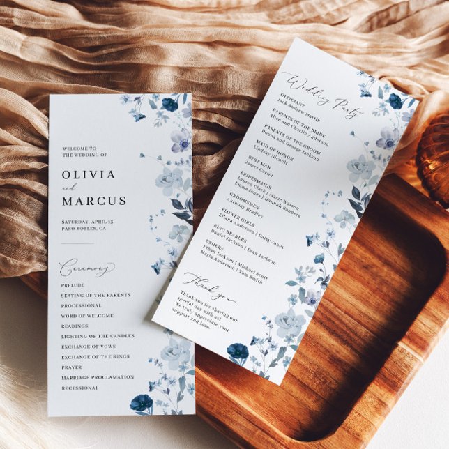 Boho Dusty Blue Wildblume Elegantes Hochzeitsprogr Programm (Front/Back)