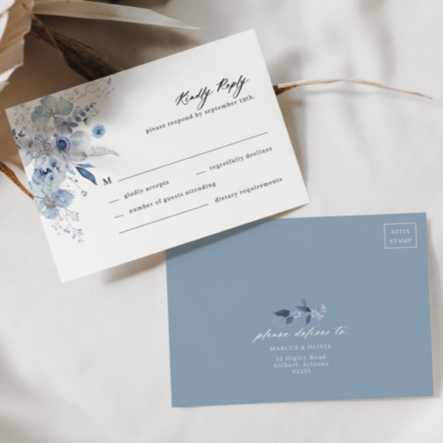 Boho Dusty Blue Wildblume Wedding RSVP Card Karte (Dusty Blue RSVP Front/Back)