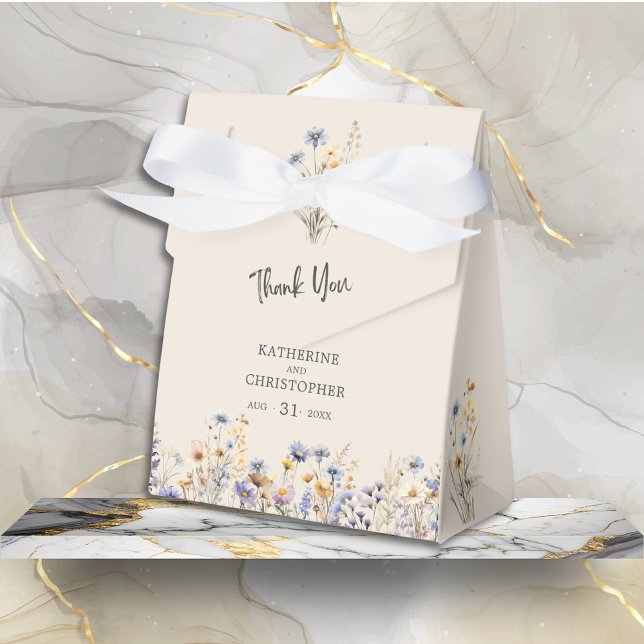BOHO Dusty Blue Wildblumen Hochzeit Vielen Dank Geschenkschachtel (BOHO Watercolor Floral Wedding Favor Bow Box with light blue, yellow wildflowers, wedding details.)