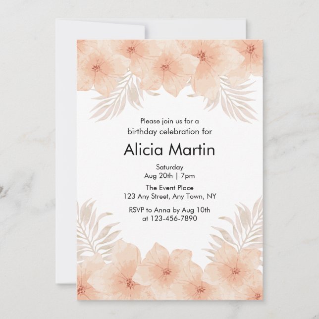 Boho Dusty Blush Blume Palm Leaf Geburtstag Einladung (Vorderseite)
