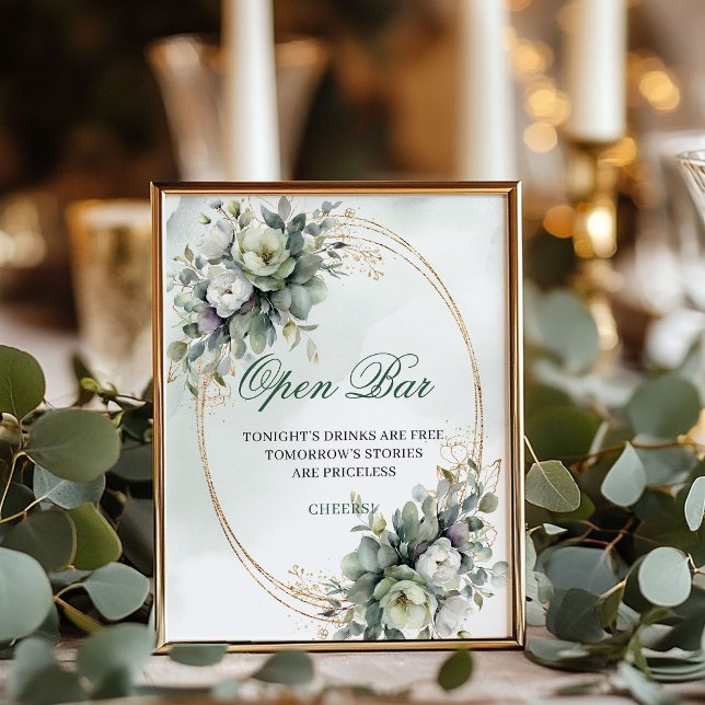 Boho Dusty Green Open Bar Tischdeko Hochzeitsschil Poster (Boho Dusty Green Open Bar Tabletop Wedding Sign)