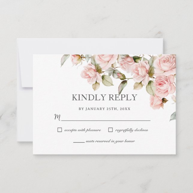 Boho Dusty Pale Pink Roses Blumengrün Hochzeit RSVP Karte (Vorderseite)