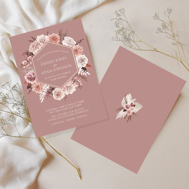 Boho Dusty Pink Blumenzeremonie Einladung (Boho Dusty Pink Floral Wreath Wedding Invitation)
