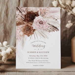 Boho Dusty Pink Brown Pampas Grass Wedding Einladung