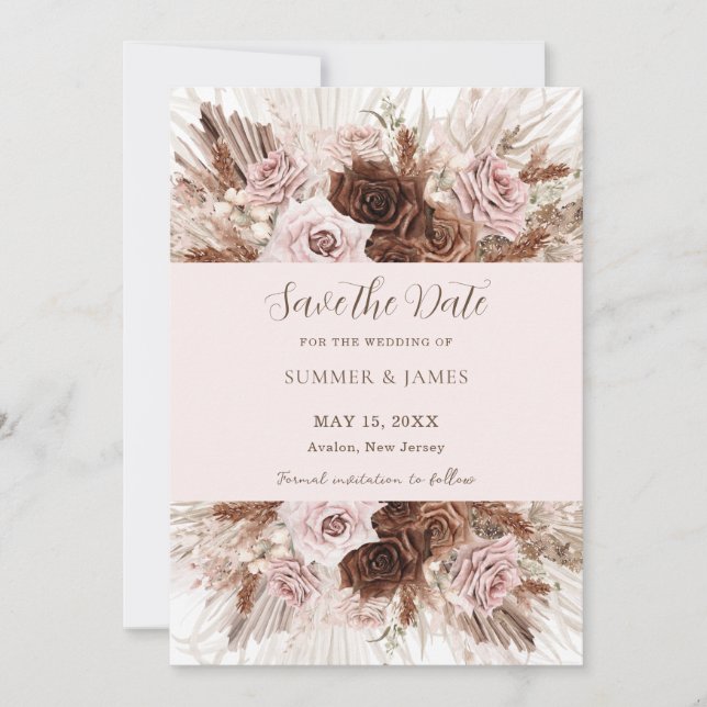 Boho Dusty Pink Brown Pampas Grass Wedding Save The Date (Vorderseite)