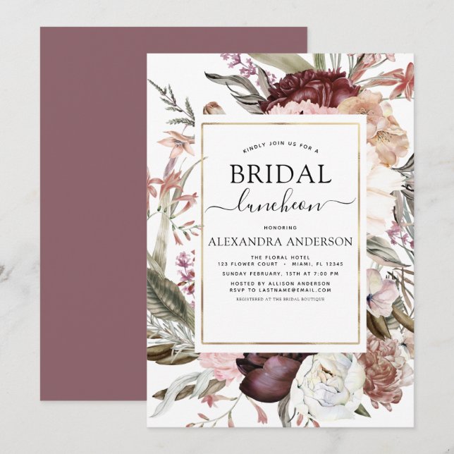 Boho Dusty Pink Burgundy Brautparty Luncheon Einladung (Vorne/Hinten)