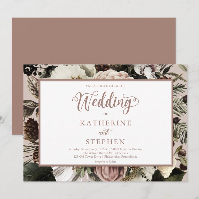 Boho Dusty Pink Floral Bouquet Einladung Hochzeit (Vorne/Hinten)