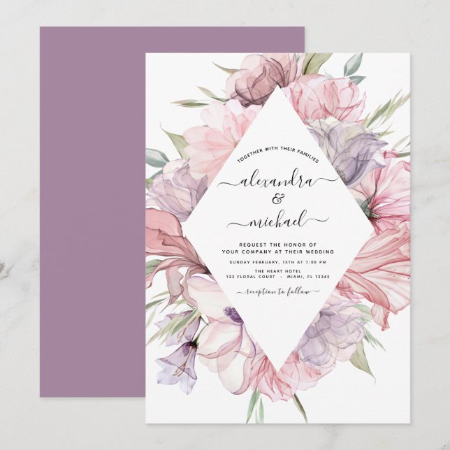 Boho Dusty Pink Lila Hochzeit Einladung (Vorne/Hinten)
