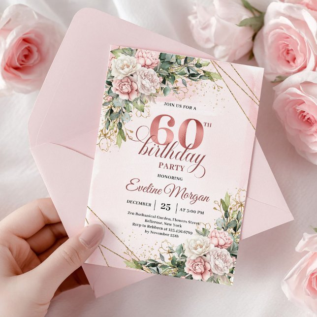 Boho Dusty Pink Watercolor Rose Gold 60th Birthday Einladung (Dusty Pink Watercolor Rose Gold 60th Birthday Invite)