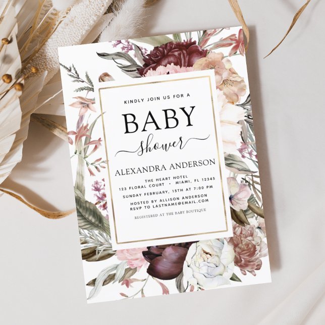 Boho Dusty rose Bourgogne Baby shower Invitation (Créateur téléchargé)