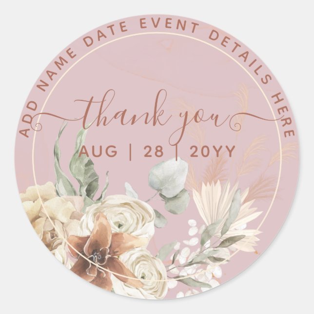 Boho Dusty Rose Pampas Grass Vielen Dank Runder Aufkleber (Vorderseite)