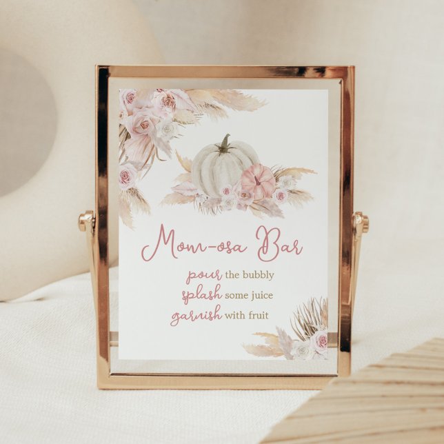 Boho Dusty Rose Pumpkin Baby Dusche Mama Osa Bar Poster (Pink Floral Pumpkin Baby Shower Mom Osa Bar Sign)