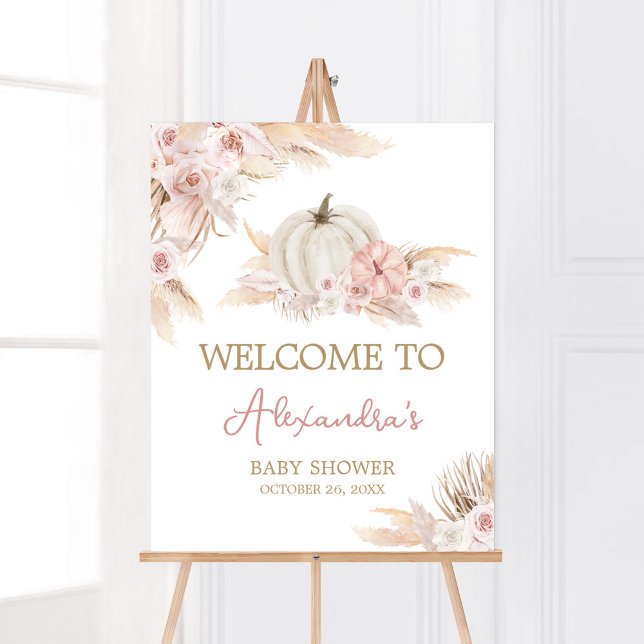 Boho Dusty Rose Pumpkin Baby Dusche Willkommen Poster (Pink Floral Pumpkin Baby Shower Welcome Sign)