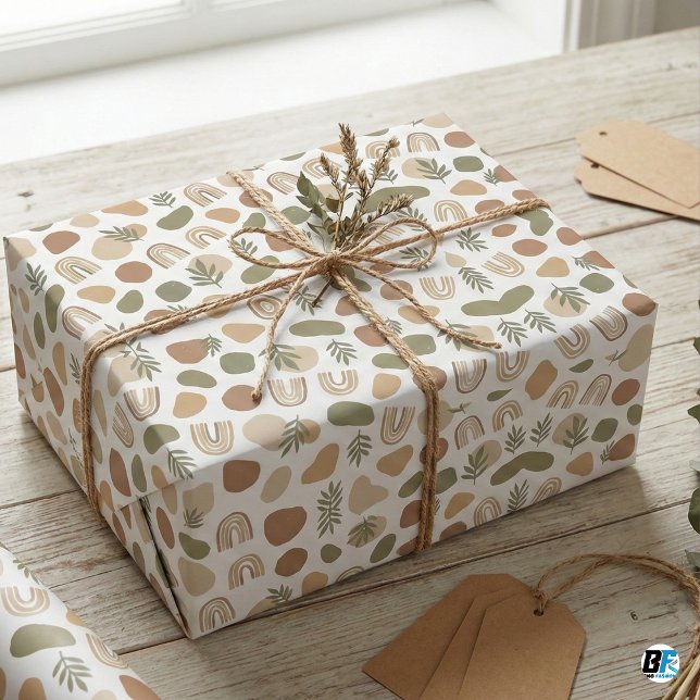 Boho Earth Tone Abstract Shapes & Botanical Rainbo Geschenkpapier (Von Creator hochgeladen)