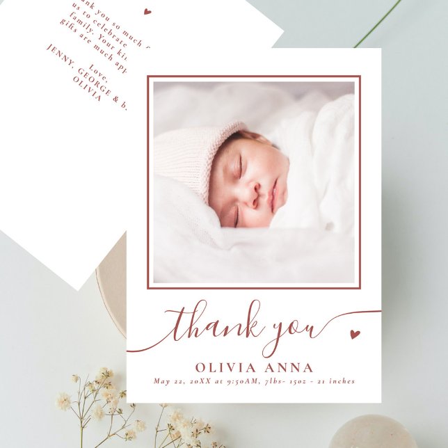 Boho Earthy Elegant Script Baby Shower Foto Dankeskarte (Von Creator hochgeladen)
