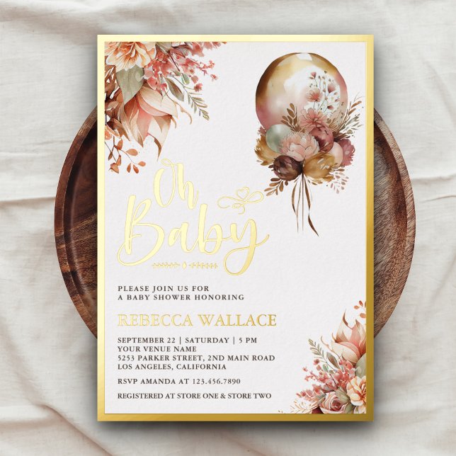 Boho Earthy Floral Balloon Girl Baby Shower Gold Folieneinladung (Von Creator hochgeladen)