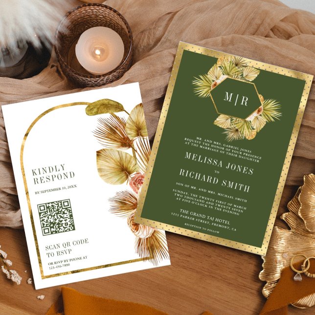 Boho Earthy Floral Olive Green QR Code Wedding Einladung (Von Creator hochgeladen)