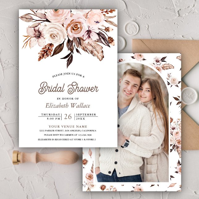Boho Earthy Ivory Floral Foto Brautparty Einladung (Von Creator hochgeladen)