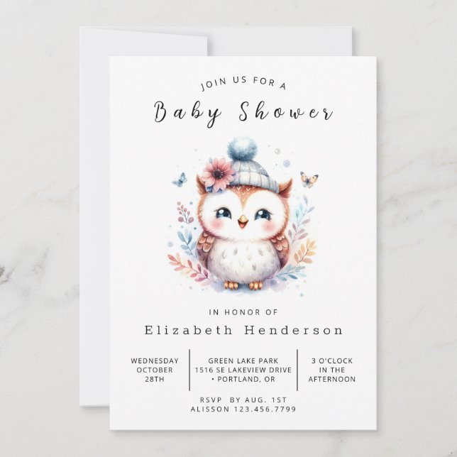 Boho Editable Owl Baby Dusche Einladung (Vorderseite)
