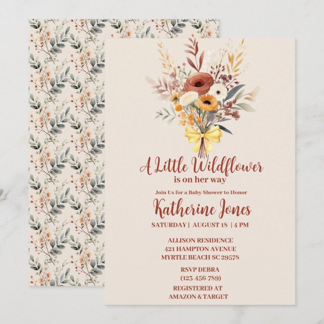 Boho Eine kleine Wildblume Girl Babydusche Einladung (Vorne/Hinten)