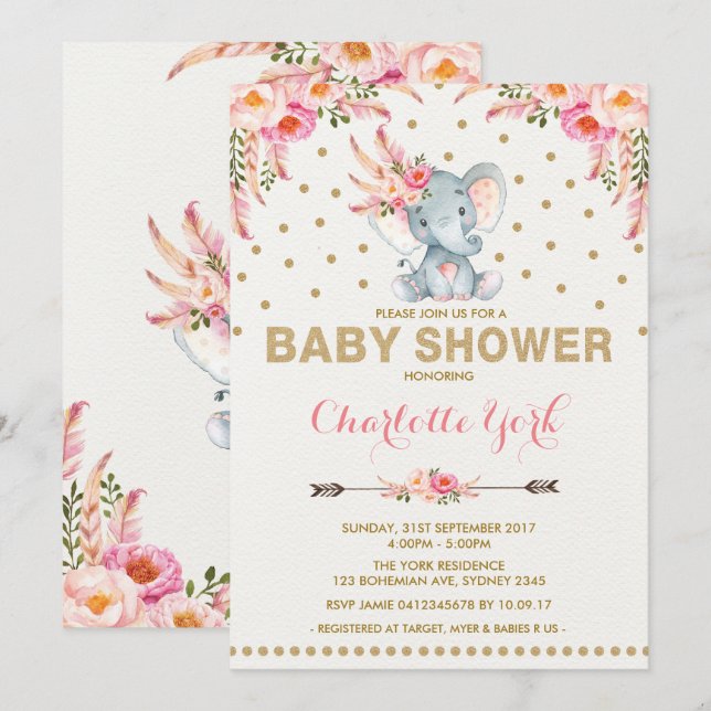 Boho Elefant-Babyparty laden rosa Golddschungel Einladung (Vorne/Hinten)