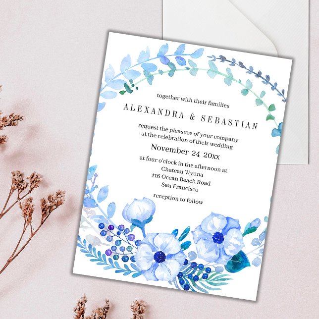 Boho Elegant Blue Floral Wreath Wedding Postcard Postkarte (Von Creator hochgeladen)