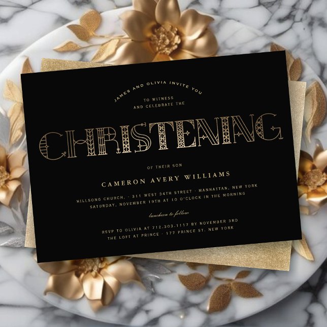 Boho Elegant Chic Gold/Black Christening Religious Einladung (Boho Elegant Chic Gold/Black Christening Religious Invitation @ fat_fa_tin)