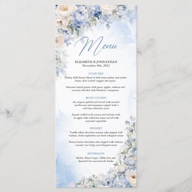 Boho Elegant Dusty Blue und Ivory Blume Abendessen Menükarte (Vorderseite)