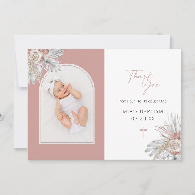 Boho Elegant Floral Arch Foto Taufe Dankeskarte (Vorderseite)