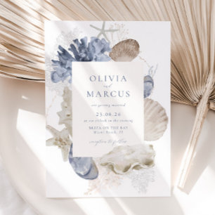 Boho Elegant Frame Beach Blue Wedding Einladung