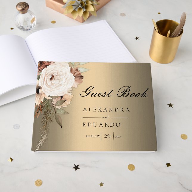 Boho Elegant Gold und Wildblumen Hochzeit Gästebuch (Vorderseite Offen)