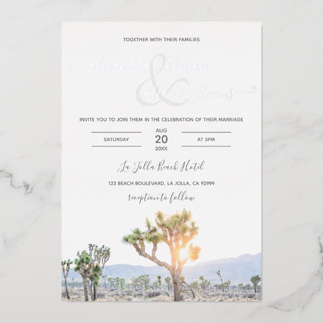 Boho Elegant Greenery Foto Joshua Tree Wedding Folieneinladung (Vorderseite)