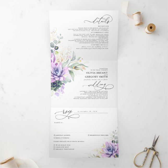 Boho Elegant Lila Succulents Grüne Hochzeit Dreifach Gefaltete Einladung (Innenseite)