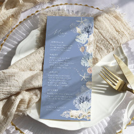 Boho Elegant Ocean Beach Coral Blue Wedding Menükarte
